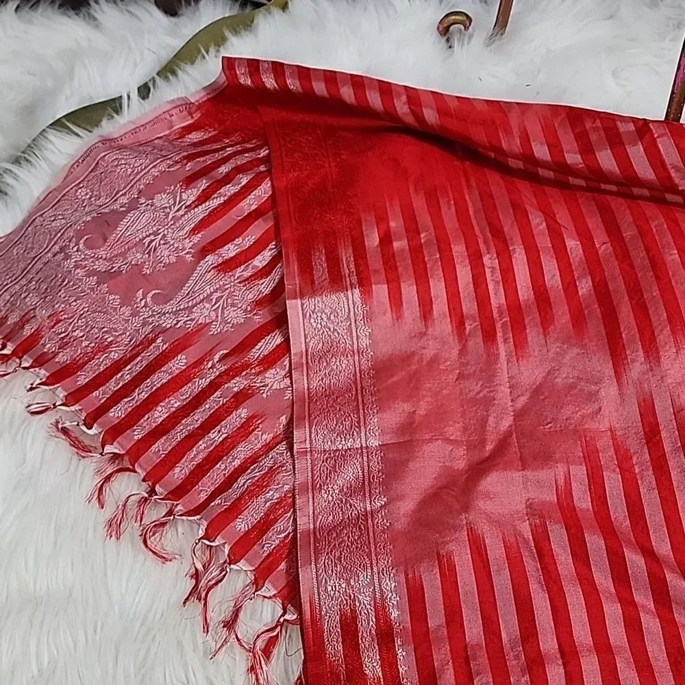 Vintage Silk Red Striped Paisle & Floral Scarf with Fringe